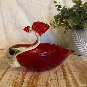 Vintage hand blown red and clear glass swan dish